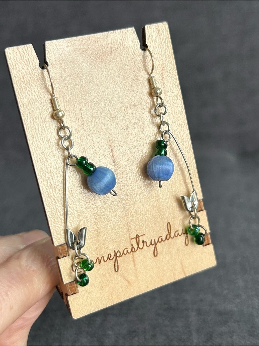 Handcrafted Safety Pin Earrings with Colorful Beads, Silver, Blue, Green - Picture 10 of 15